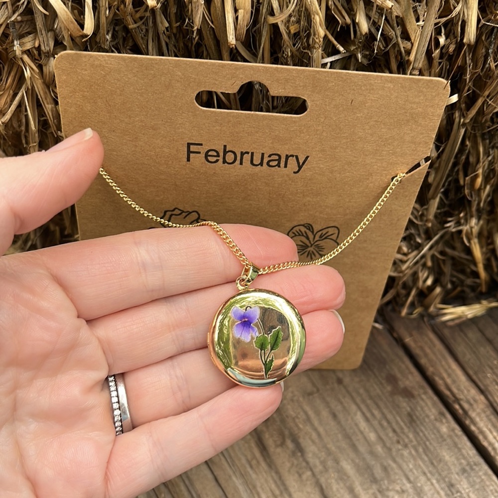 February Birth Flower Locket Necklace - Picture 11 of 11